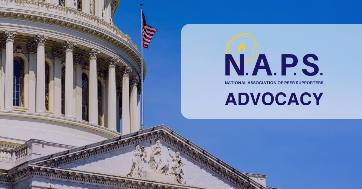 Background: United States Capital Building, off-center positioned leftward, with United States flag. Foreground: Logo of National Association of Peer Supporters with the word "Advocacy" beneath.